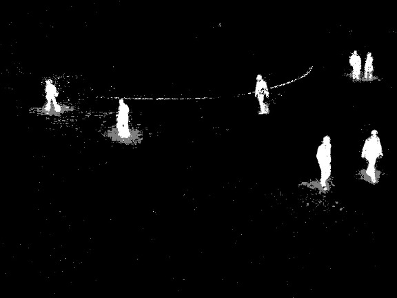 OpenCV 官方教程中的 MOG2 前景掩膜示例:黑色背景上,行人和部分阴影以灰阶区域显示。
