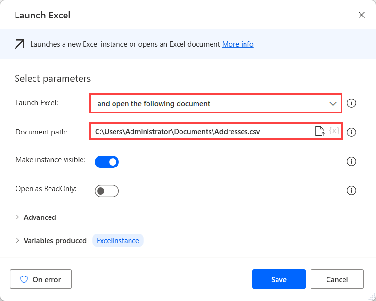官方截图:将启动 Excel 操作配置为打开 CSV 文件