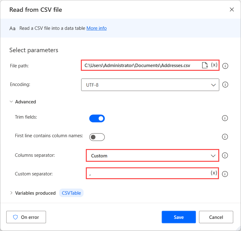 官方截图:从 CSV 文件读取操作中的自定义分隔符选项