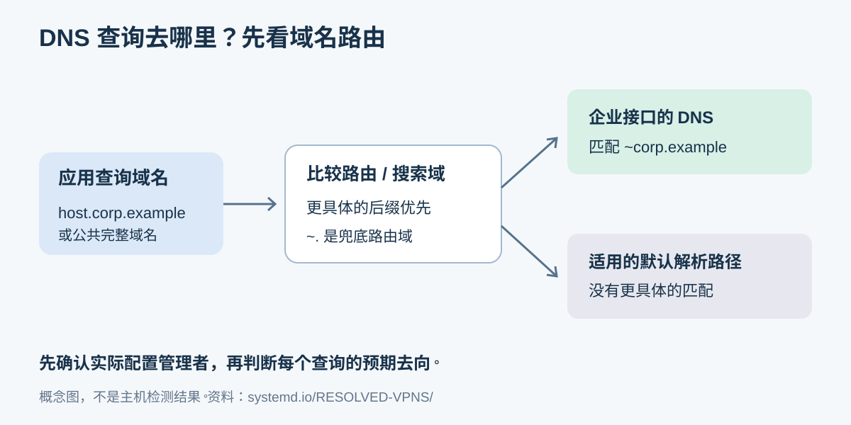 按域后缀选择企业 DNS 或默认解析路径的概念图