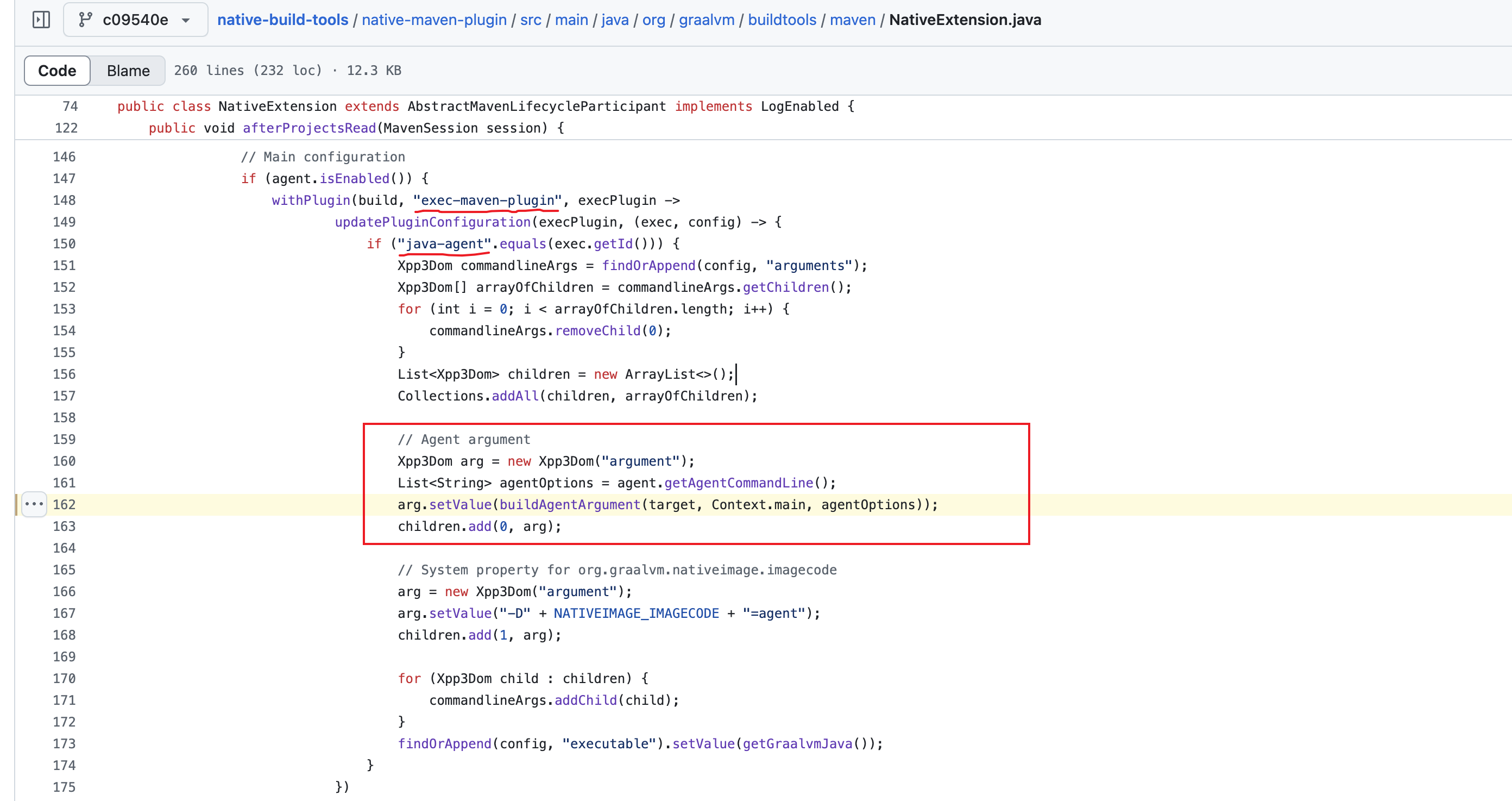 原作者截取 native-maven-plugin 注入 Tracing Agent 参数的源码位置