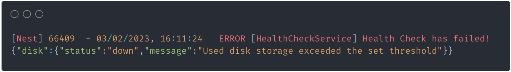 NestJS Terminus JSON 错误日志示例:磁盘使用量超过设定阈值