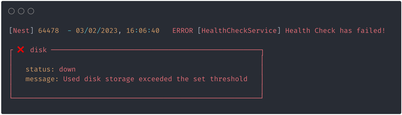 NestJS Terminus pretty 错误日志示例:以框线突出显示磁盘状态 down 及超阈值消息