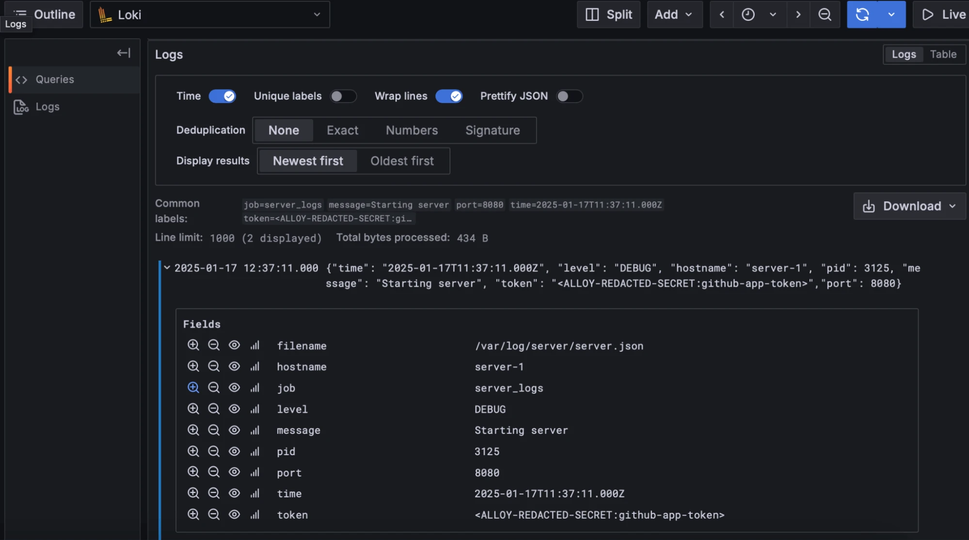 Grafana Loki 日志示例中,GitHub app token 被替换为 ALLOY-REDACTED-SECRET 标记