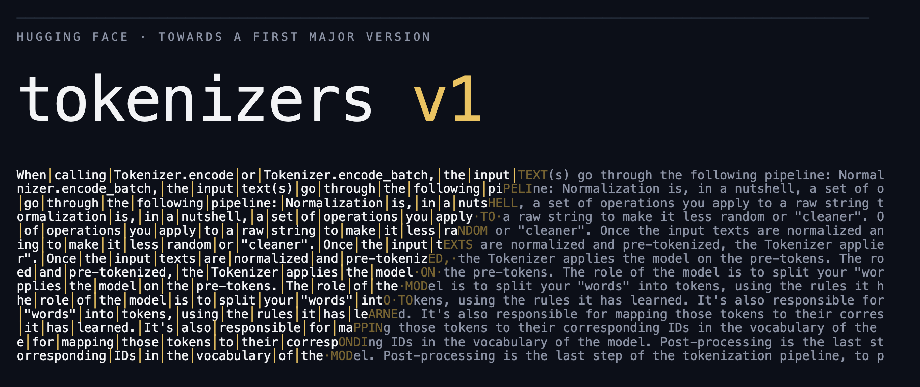 Hugging Face Blog 原文缩略图:tokenizers v1 标题与分词流程示例文字。