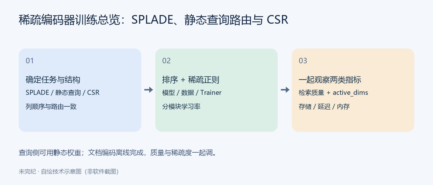 稀疏编码器训练流程:选择 SPLADE、静态查询路由或 CSR,组合排序损失与稀疏正则,联合观察检索质量与激活维度。