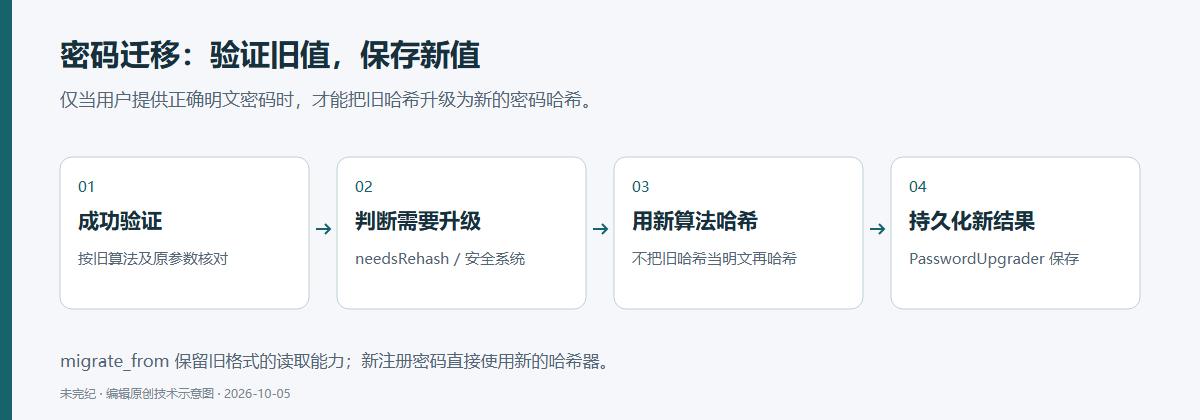 密码迁移顺序:先验证用户提供的正确密码,再判断旧哈希需要升级,用新算法计算密码哈希,最后通过PasswordUpgrader持久化。