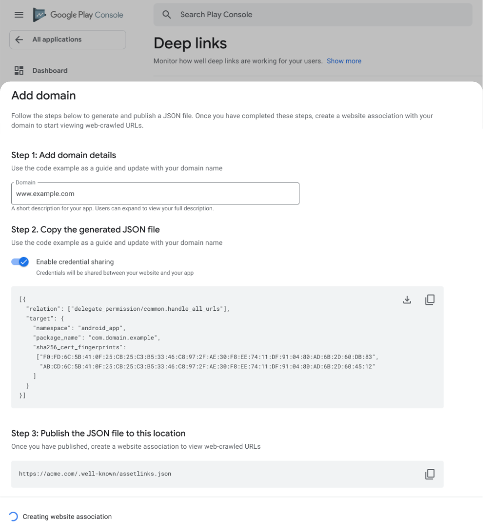 Play Console的Deep links/Add domain界面,启用凭据共享并复制生成JSON。