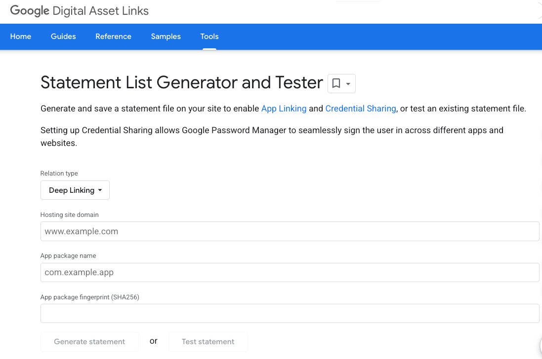 官方Statement List Generator and Tester的域名、包名和签名指纹输入及Test statement入口。