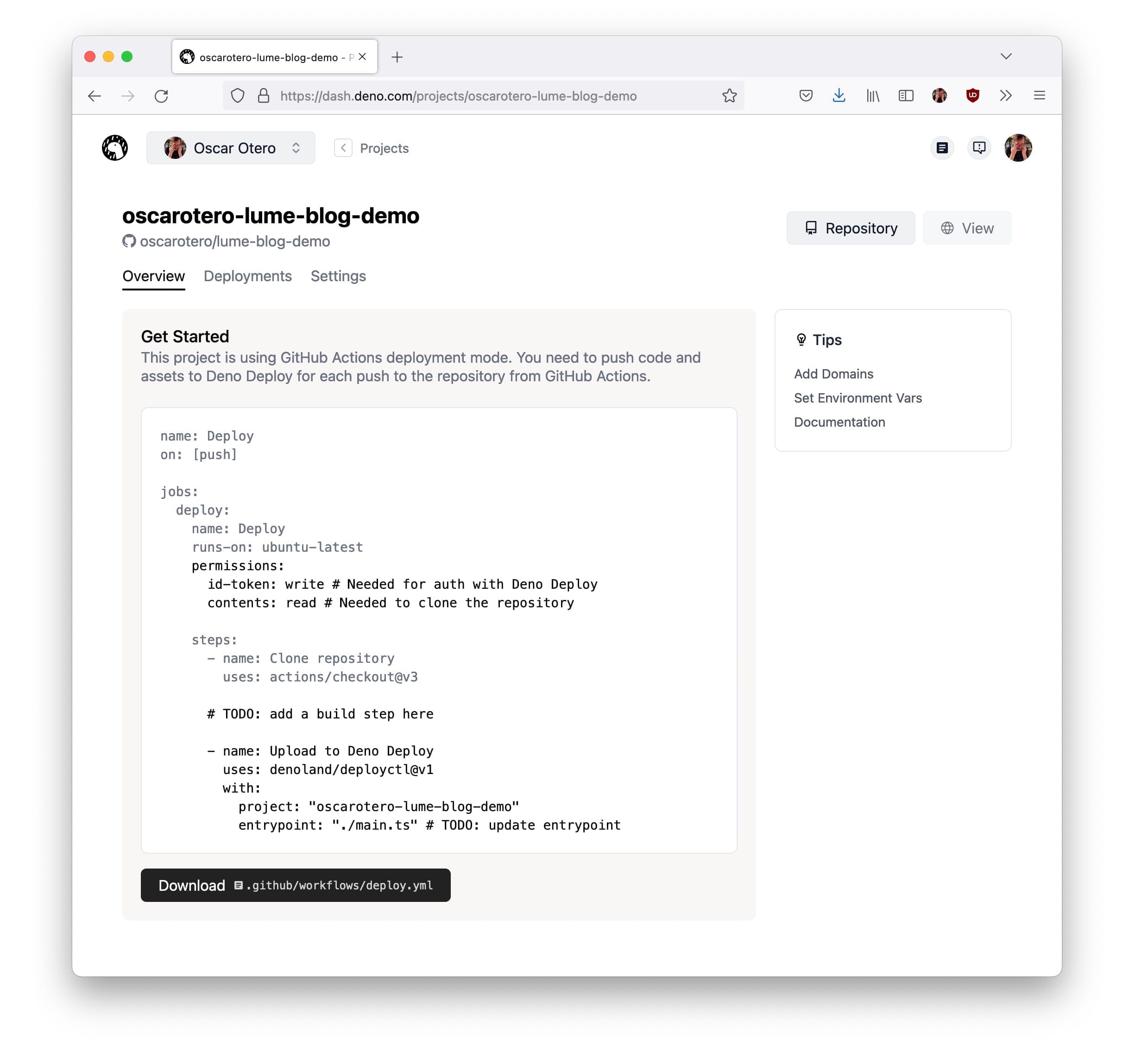 原文GitHub Actions配置界面