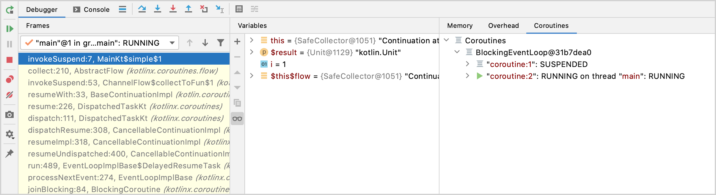 官方 IntelliJ IDEA 调试器截图:buffer后的 Coroutine 1 为 SUSPENDED,Coroutine 2 正在 main 线程运行;Variables面板显示 i=1