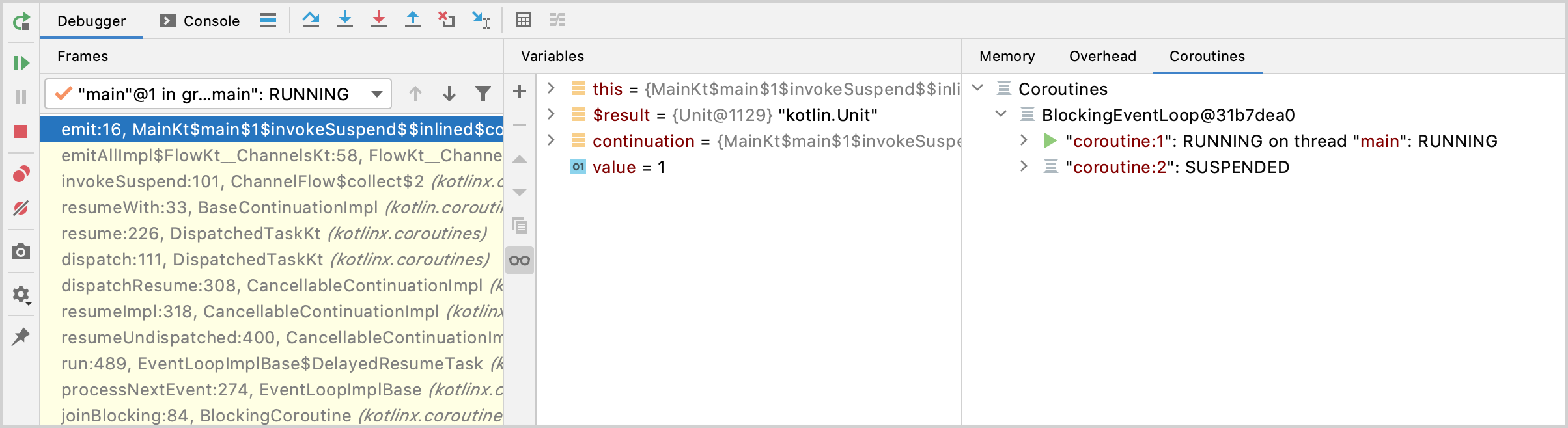官方 IntelliJ IDEA 调试器截图:继续执行后 Coroutine 1 正在运行,Coroutine 2 为 SUSPENDED