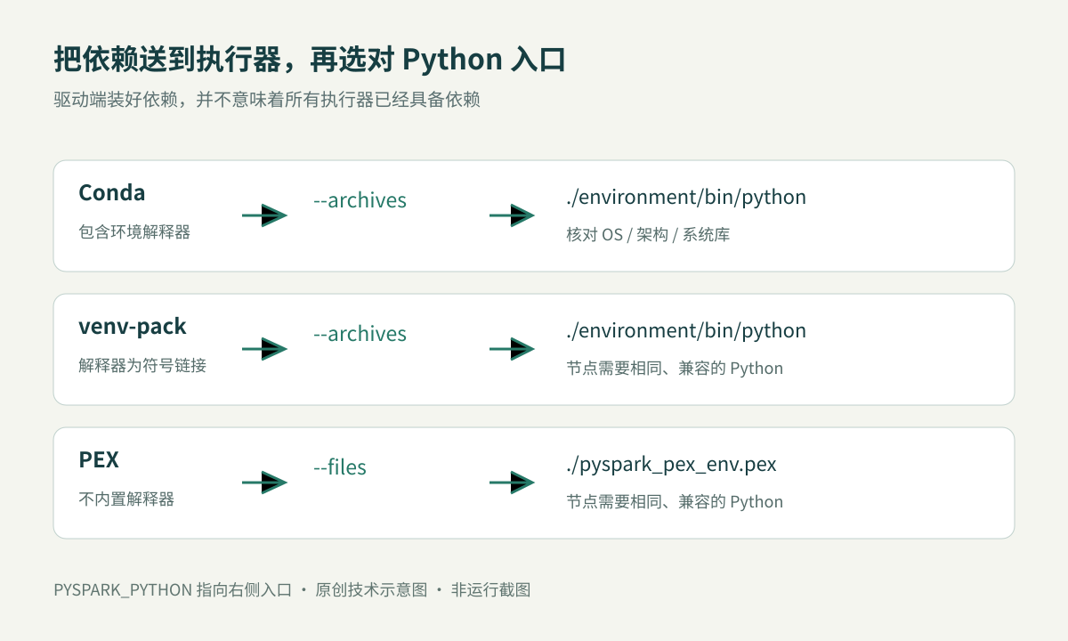 Conda 和 venv-pack 生成归档,通过 archives 解压到 environment;PEX 通过 files 分发为单文件。三种方法分别把 PYSPARK_PYTHON 指向环境解释器或 PEX,venv 与 PEX 仍需要节点上的兼容 Python。