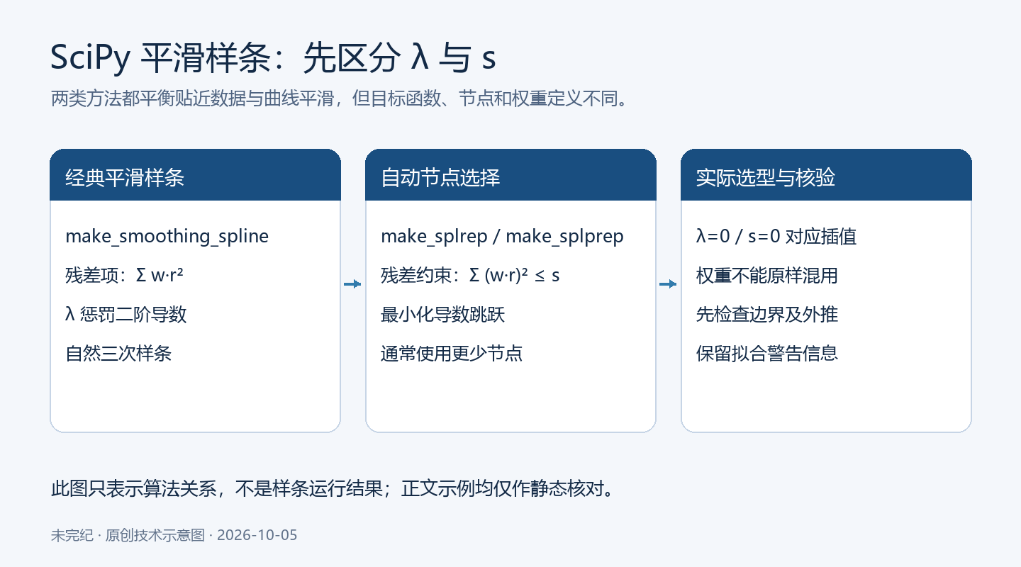 make_smoothing_spline以λ惩罚曲率且残差权重不平方；make_splrep以s限制加权残差平方和并自动选择节点。两种权重定义不能混用。