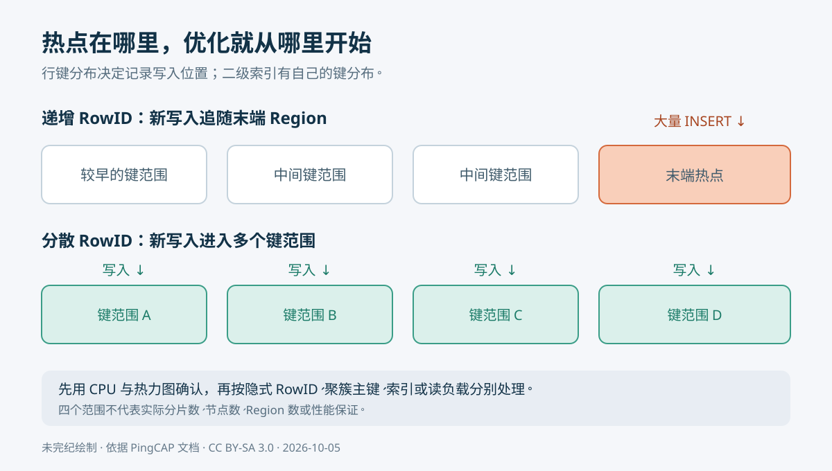 TiDB 热点机制示意:递增 RowID 将写入集中到末端 Region;分散 RowID 可把新写入分到多个键范围,但索引热点仍需独立检查。