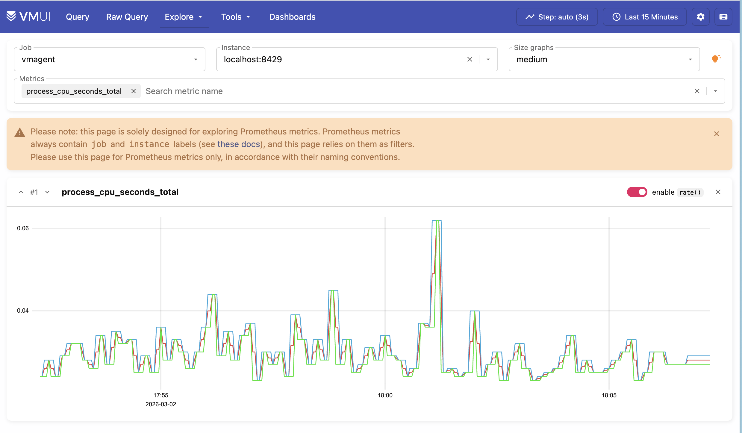 vmagent 的指标探索页面,以 rate 方式查看 process_cpu_seconds_total 的三条序列