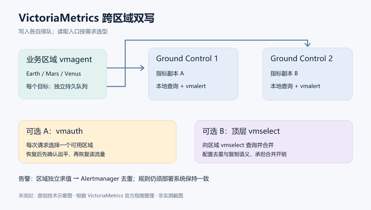 业务区域的vmagent双写两个监测区域；查询可选择vmauth单区路由或顶层vmselect合并；告警经Alertmanager去重。