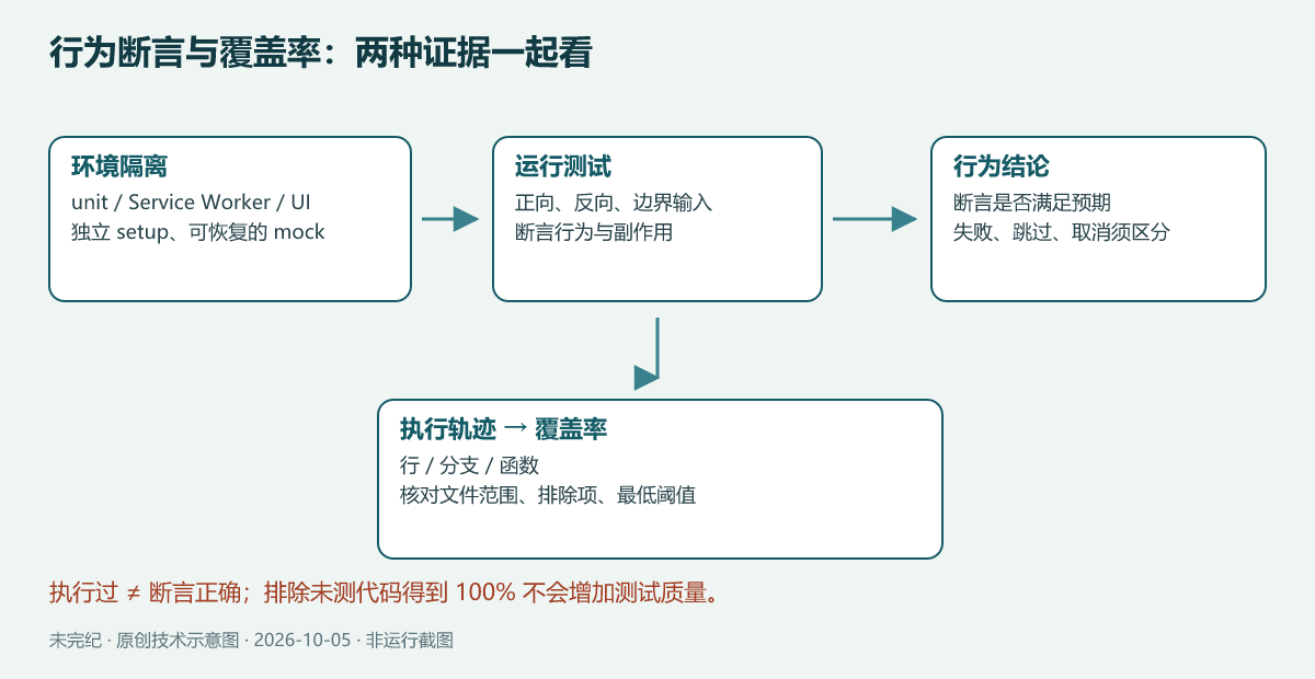 Node.js 测试证据流程:隔离 setup 和 mock 后执行行为断言,同时从执行轨迹统计行、分支和函数覆盖率;覆盖率不能替代断言质量