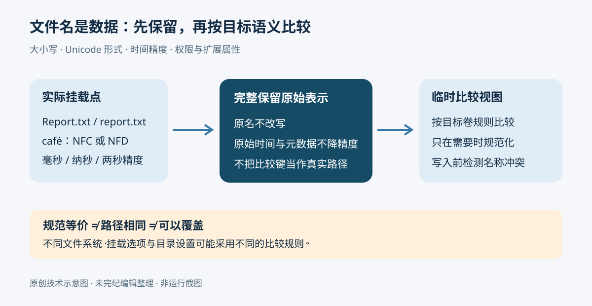 文件系统适配流程：从各挂载点读取原始名称和元数据，完整保留，在临时比较视图中按目标规则比较，并在写入前检测冲突。