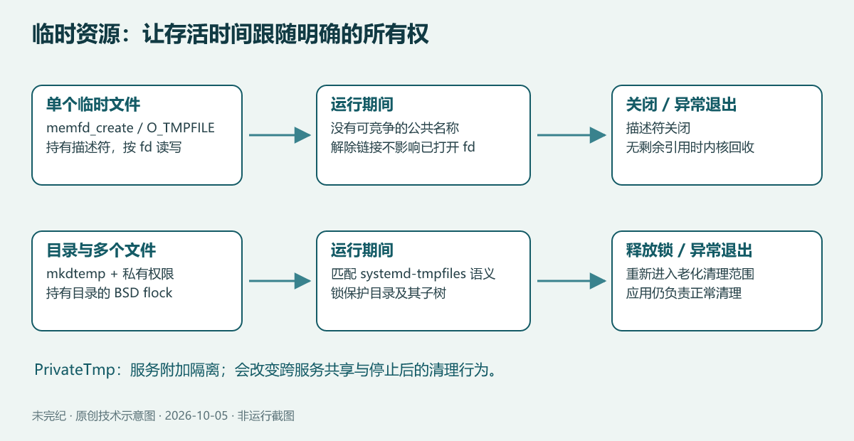临时资源选择图:单个文件优先匿名文件和持有描述符,多文件目录使用随机私有目录并持有 flock,服务额外使用 PrivateTmp 隔离,退出后交由关闭描述符和清理器收尾