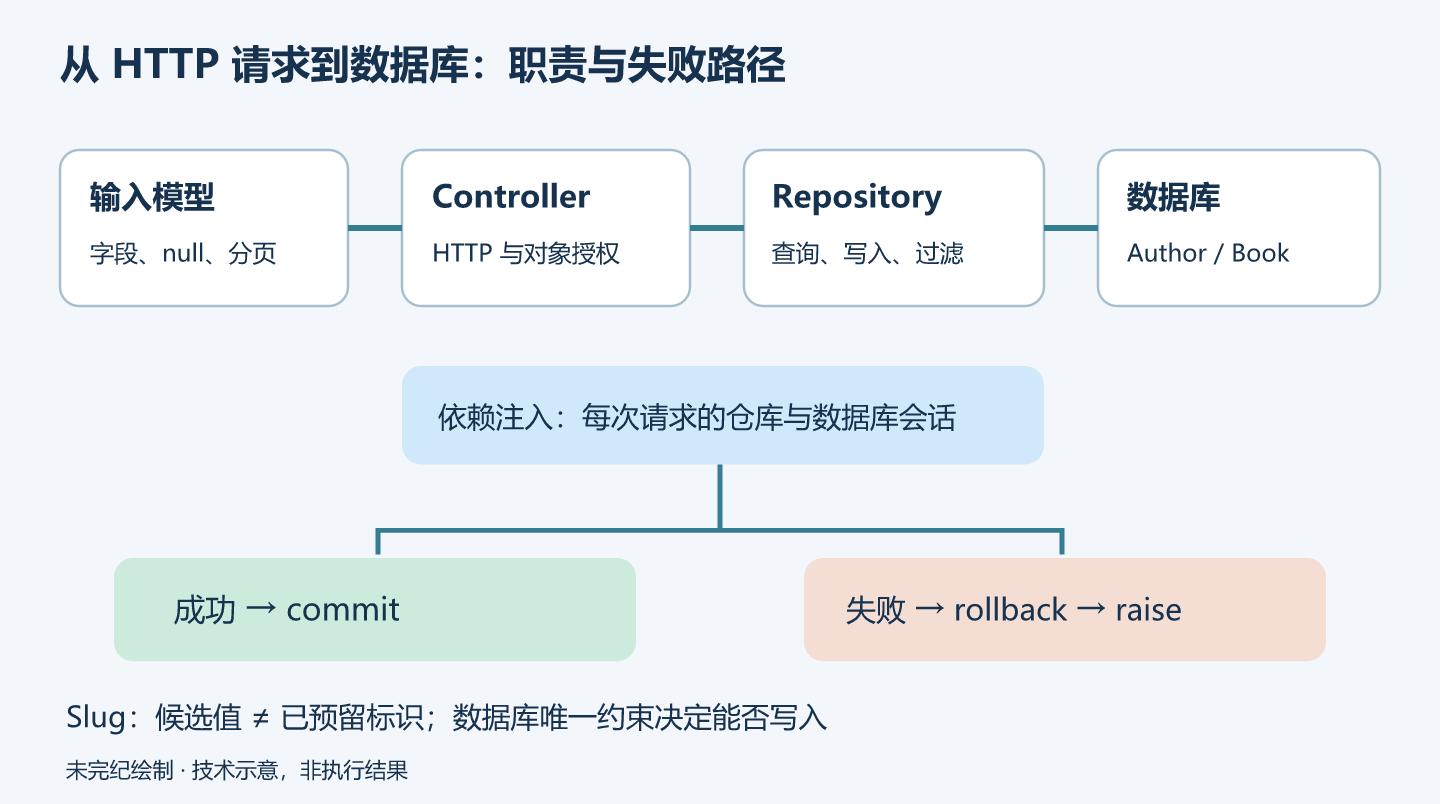 请求经过输入模型和控制器,经依赖注入取得Repository及数据库会话,写入Author与Book;事务成功提交、失败回滚再抛出;Slug最终依靠数据库唯一约束。