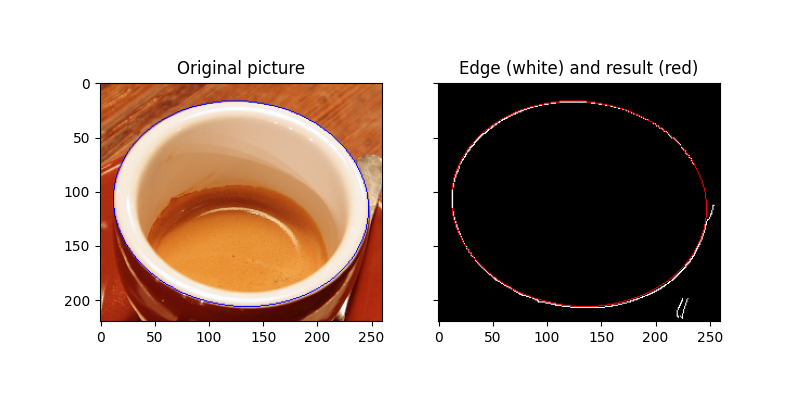 scikit-image 官方示例图：咖啡杯口蓝色椭圆，以及白色边缘和红色椭圆对照