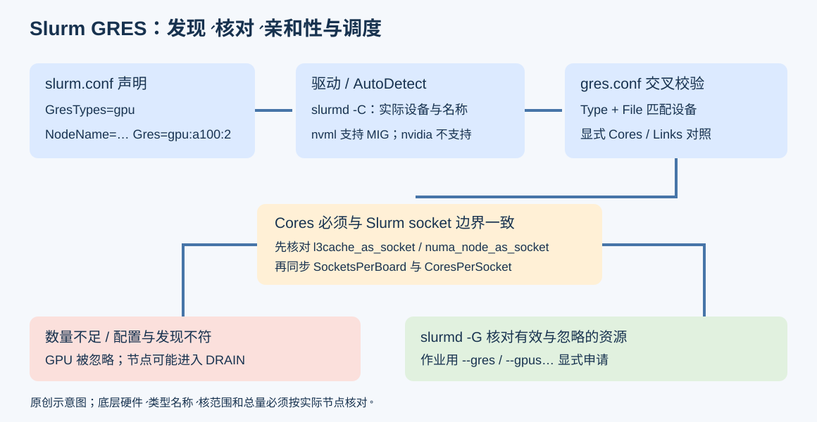 Slurm以slurm.conf声明数量,通过驱动自动发现与gres.conf核对Type File Cores Links,再检查socket边界,最后由slurmd -G显示有效和忽略资源