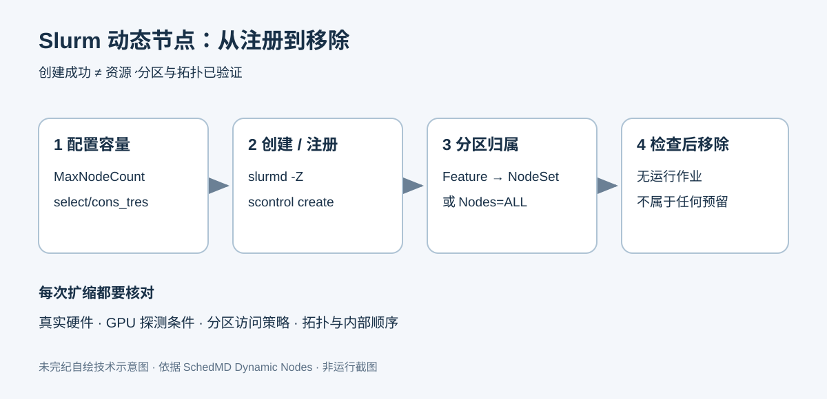 Slurm 动态节点生命周期:先配置容量和 cons_tres,通过 slurmd 注册或 scontrol 创建节点,按特征映射到分区,确认没有运行作业及预留后才能删除。