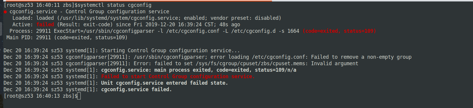 原文 cgconfig.service 异常状态截图,指出 cpuset.mems 无效参数