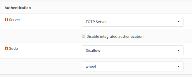 OPNsense Authentication设置摘要:TOTP Server已选择,Disable integrated authentication未勾选,Sudo设为Disallow。