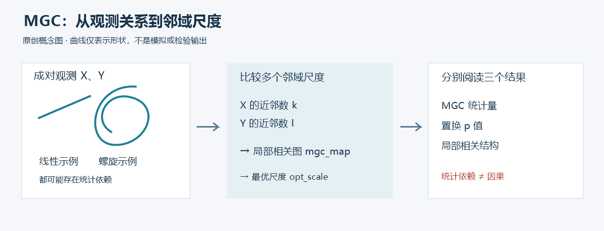 MGC 工作流程:成对观测生成距离,遍历 X 和 Y 的邻域尺度得到局部相关图,然后计算统计量与置换 p 值;线性和螺旋是两种示例关系。
