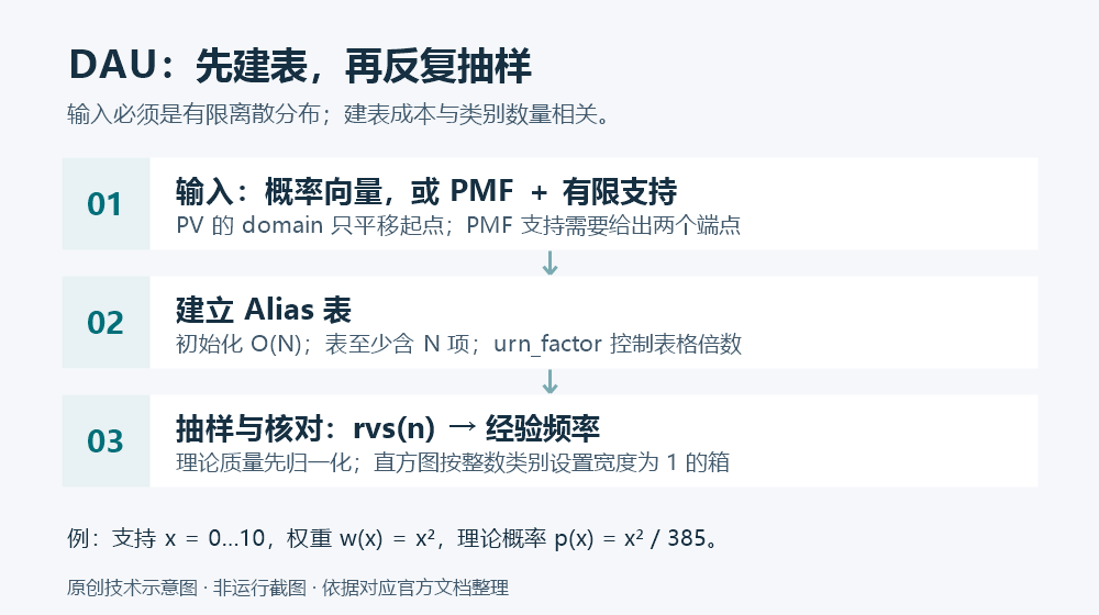 DAU 抽样流程示意:有限质量向量经一次建表后反复生成样本,再以正确类别边界核对频率;右下列出平方权重的归一化规则