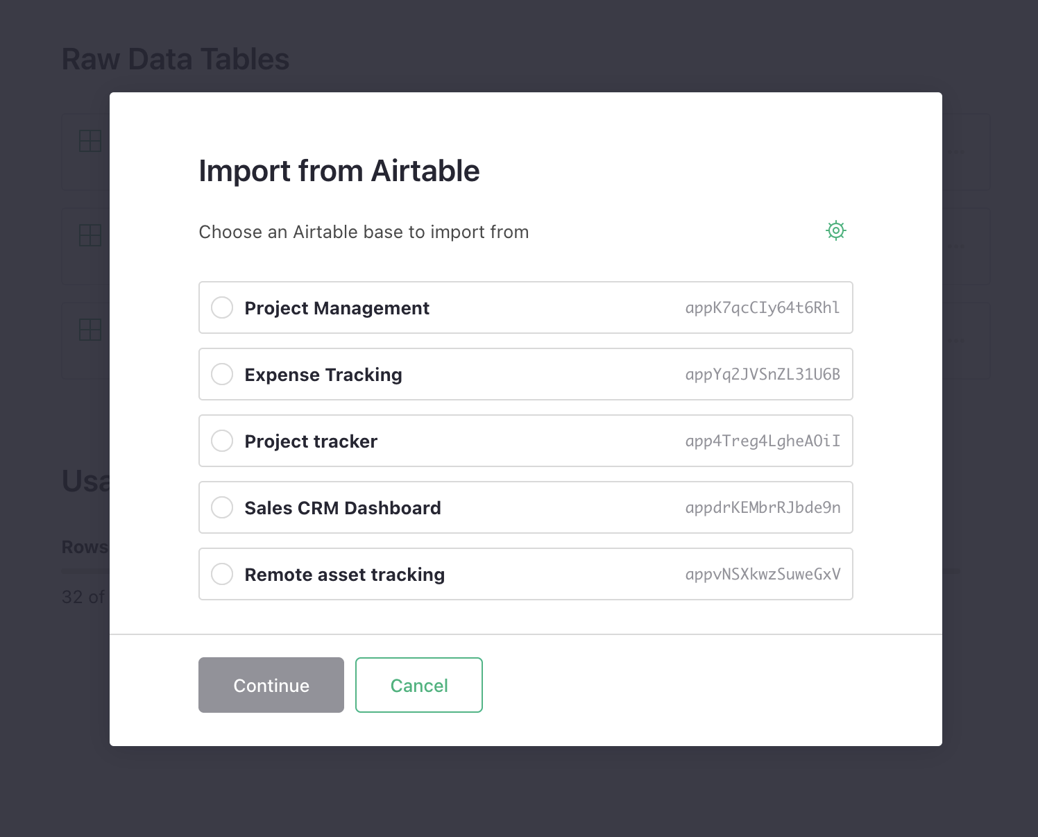 选择要导入的Airtable base。