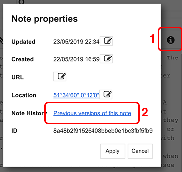 Joplin原文旧版Note properties界面,信息按钮和Previous versions of this note入口。