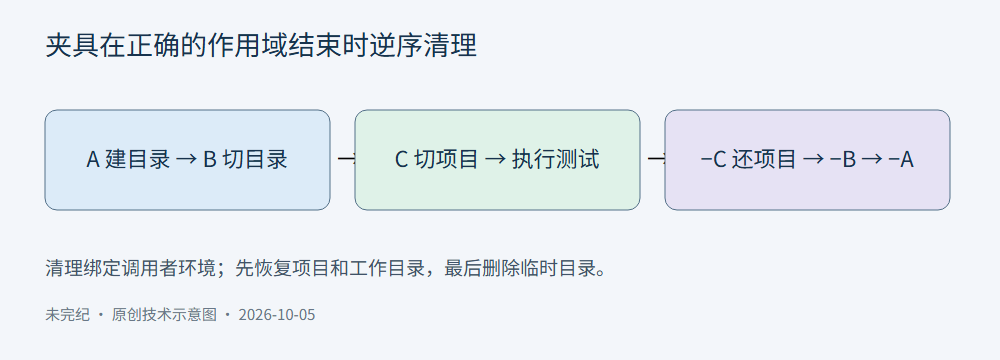 先创建目录 A、切换目录 B、切换项目 C,测试结束后按 C、B、A 的相反顺序恢复和删除