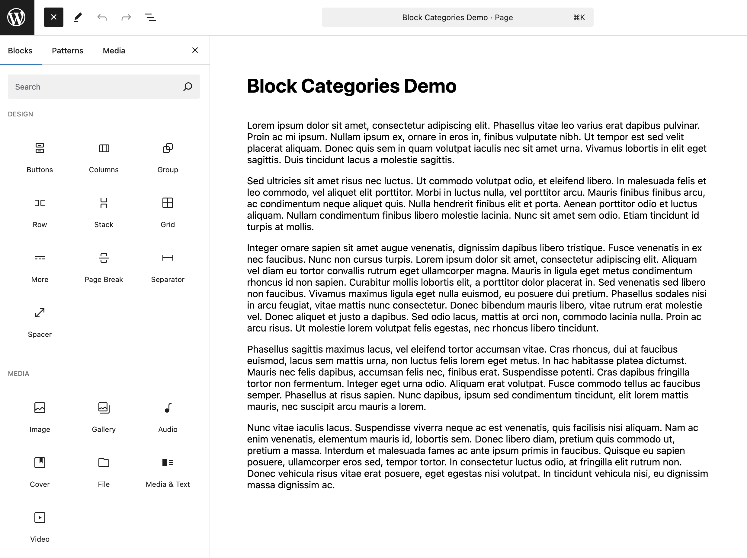 将 Design 移到区块插入器顶部，并将 Text 移到 Media 下方第三个位置的示例。原文图注与前文代码的第四位置说明不同，保留其描述。