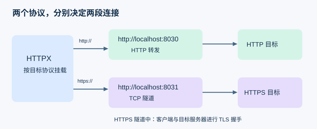 HTTPX 的 HTTP 请求经 8030 代理转发,HTTPS 请求经 8031 HTTP 代理建立隧道,TLS 在客户端与目标服务器之间完成