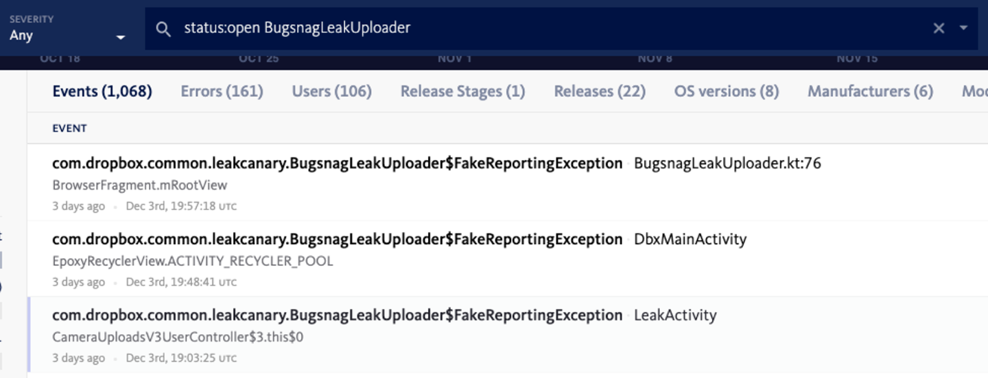 Bugsnag 中汇总的 LeakUploader 报告列表;原文另述与 Jira 联动