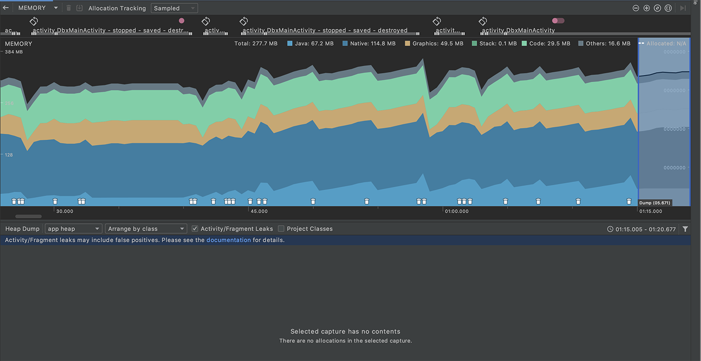 Android Studio 内存分析器截图;界面提示该检测可能产生假阳性