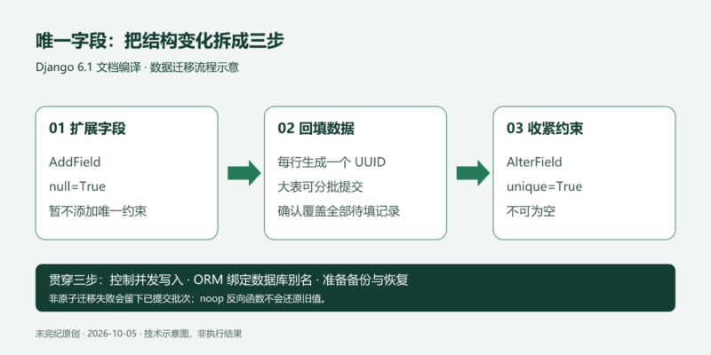Django 数据库迁移:分阶段补齐唯一字段,并保住已有关系-未完纪