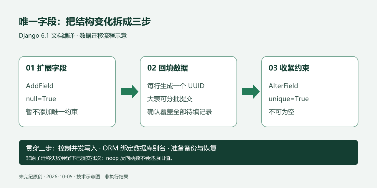 Django 唯一字段迁移分成新增可空字段、逐行或分批回填、校验后施加唯一非空约束三个阶段;下方提示处理并发写入与数据库路由。