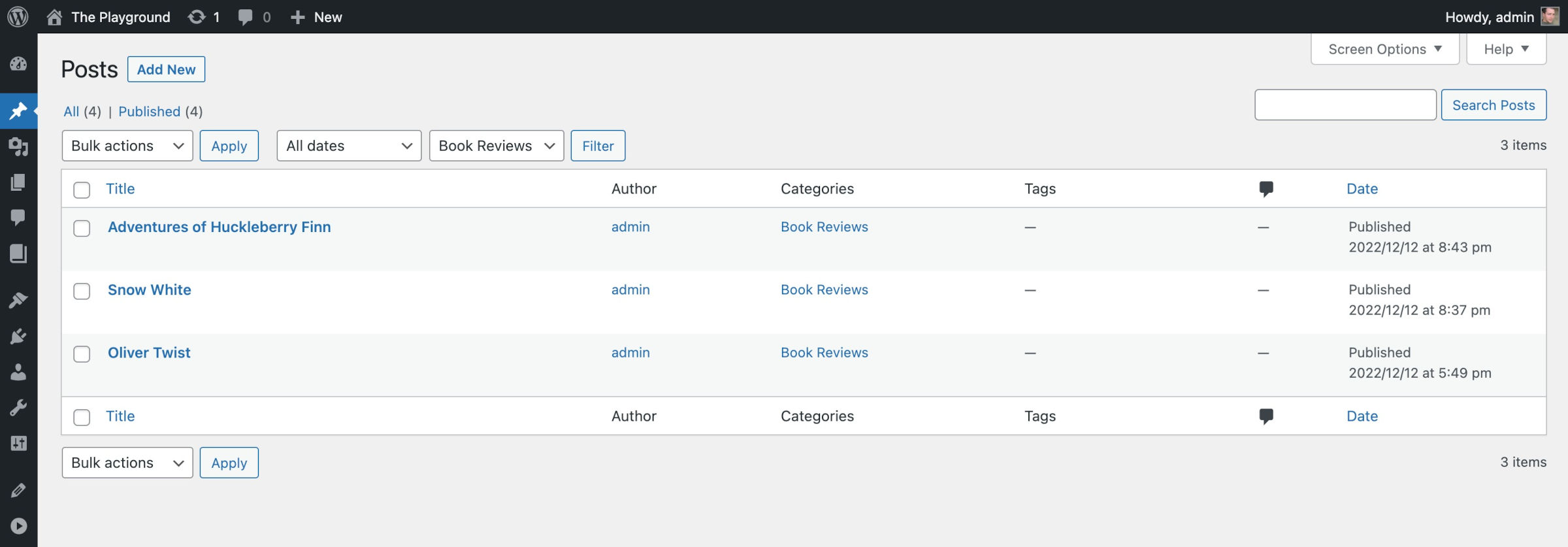 文章管理页中归入Book Reviews分类的三篇示例文章。