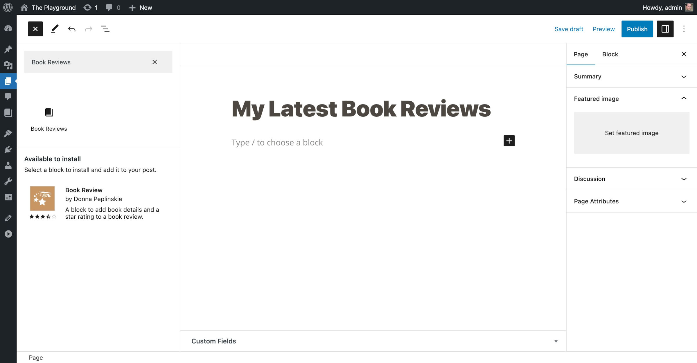 区块插入器中注册成功的Book Reviews变体。