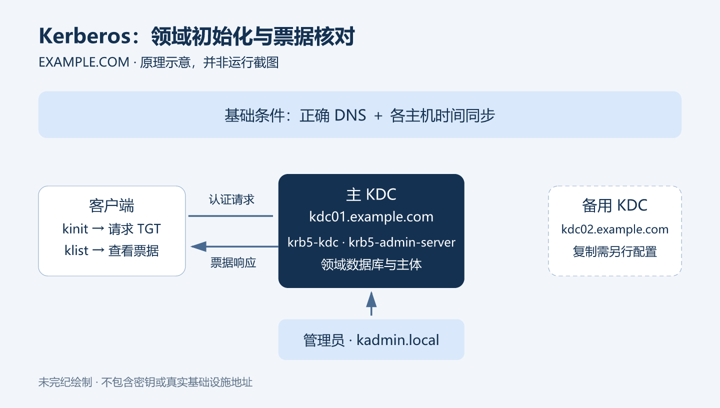 Kerberos 初始化示意:DNS 与统一时间支撑客户端发现主 KDC,管理员在主 KDC 创建主体,客户端通过 kinit 请求 TGT 并用 klist 查看;备用 KDC 需另行配置。