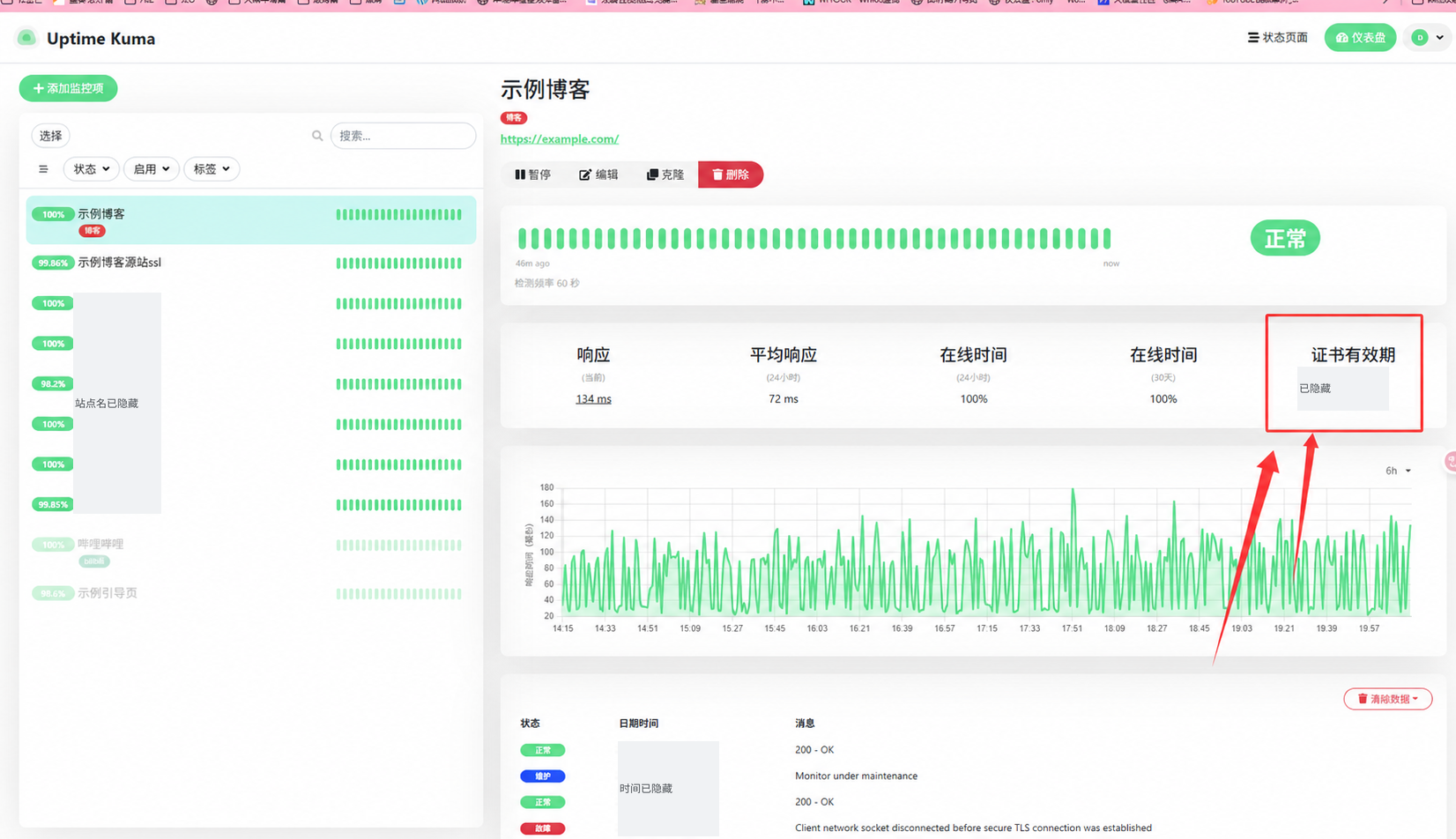Uptime Kuma 显示证书剩余有效期的位置