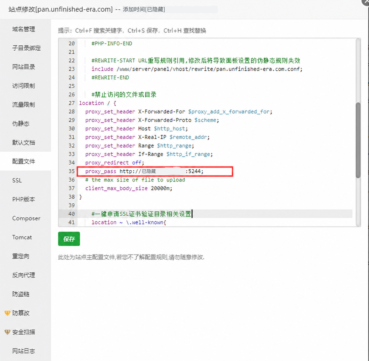 在宝塔站点配置中加入反向代理的历史示例